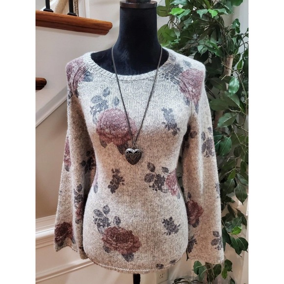 Lucky Brand Women Gray Floral Cotton Round Neck Long Sleeve Pullover Sweater M - Picture 11 of 12